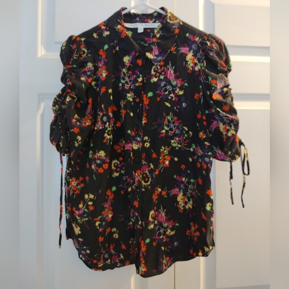 Veronica Beard Carmine sz 6 Silk Black Floral Puff Sleeve Blouse - Picture 9 of 11